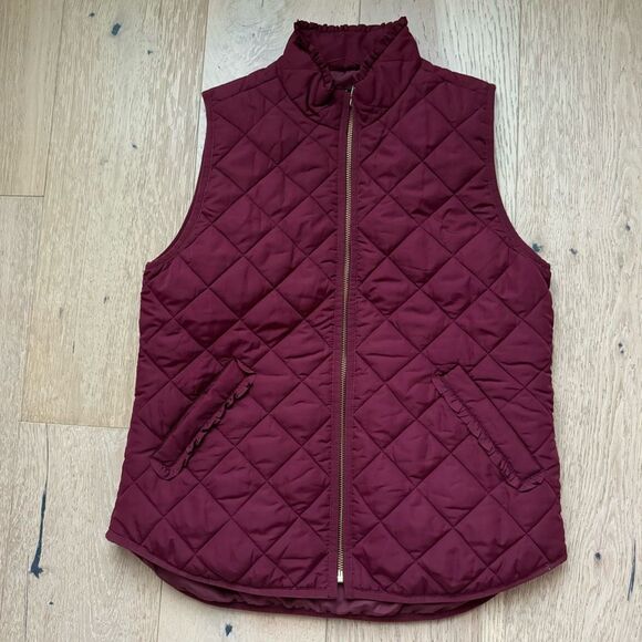 J. Crew Mercantile Burgundy Red Ruffle Trim Preppy Quilted Vest Size Small - Picture 2 of 8